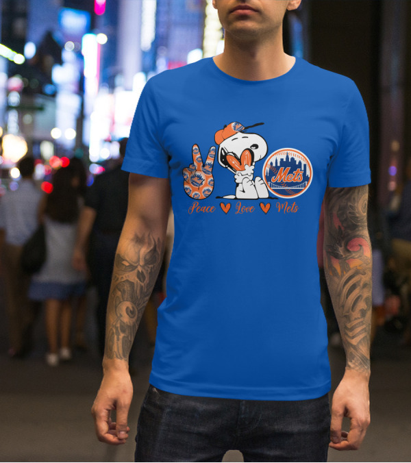 Snoopy Peace Love Mets New York City Skyline Baseball T-Shirt