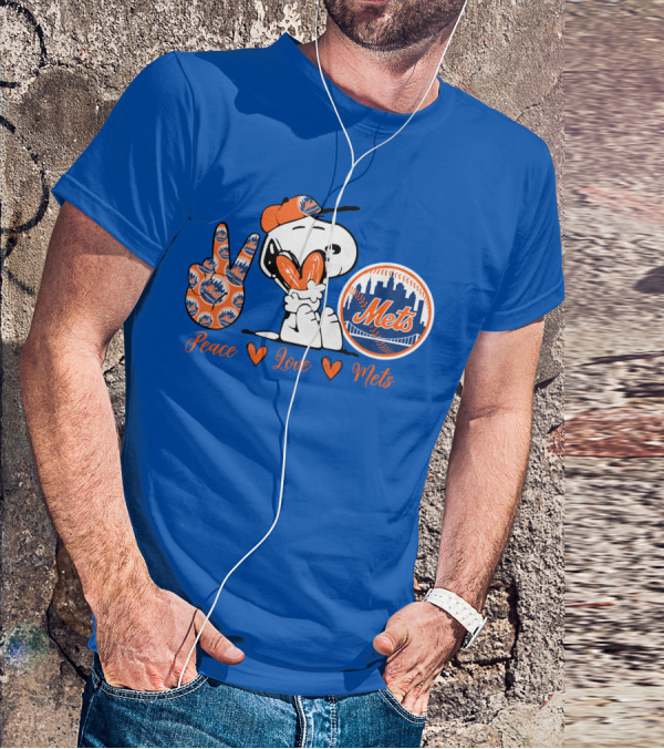Snoopy Peace Love Mets New York City Skyline Baseball T-Shirt