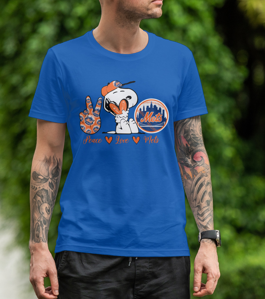 Snoopy Peace Love Mets New York City Skyline Baseball T-Shirt