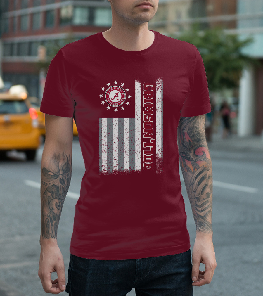 Alabama Crimson Tide Logo Stars And Stripes American Flag T-Shirt