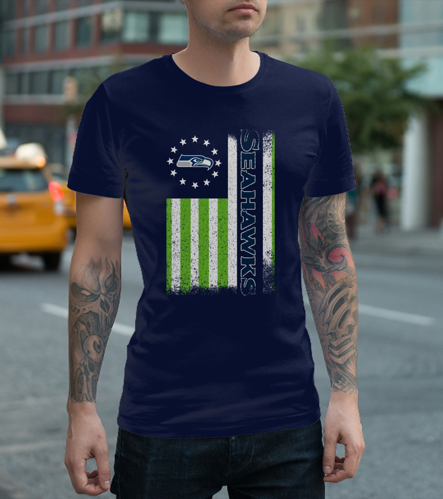 Seattle Seahawks American Flag Green Stripes 12 Stars T-Shirt