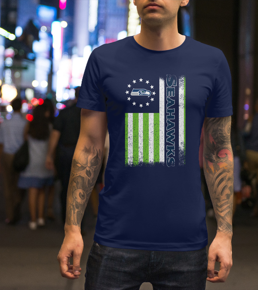 Seattle Seahawks American Flag Green Stripes 12 Stars T-Shirt