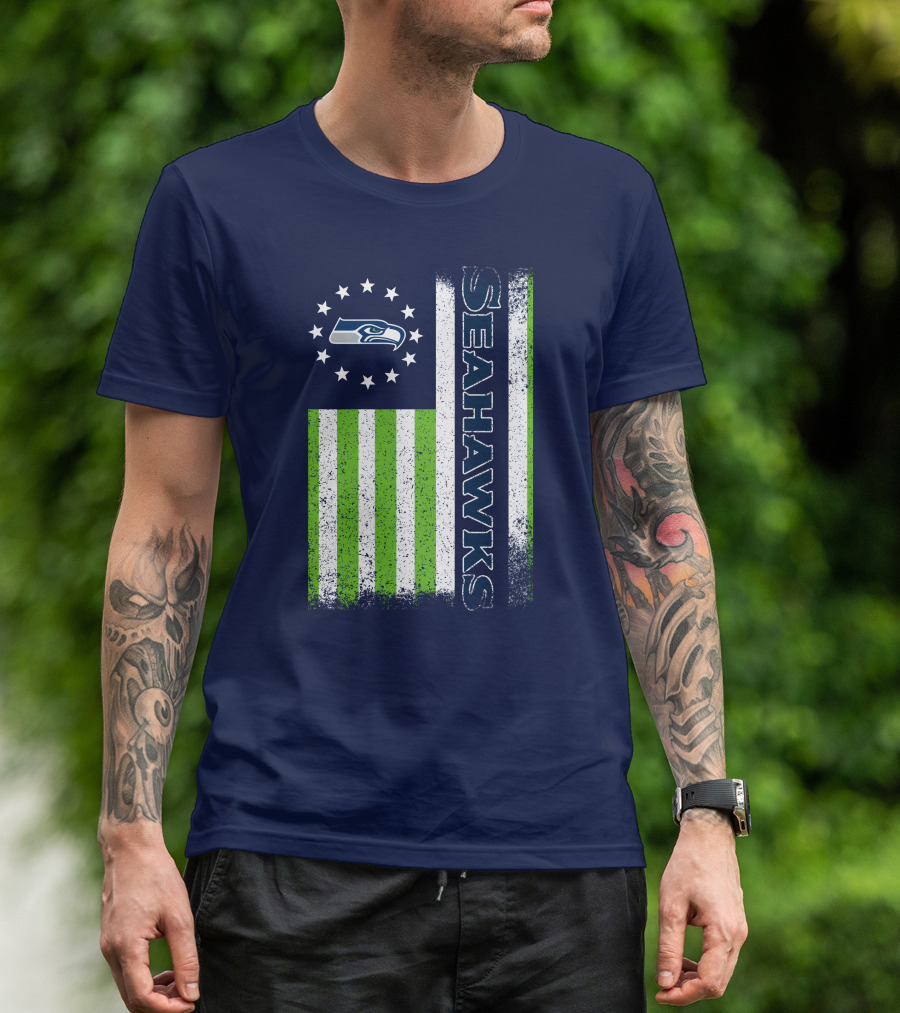 Seattle Seahawks American Flag Green Stripes 12 Stars T-Shirt