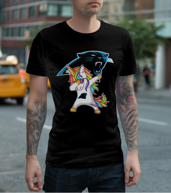 Carolina Panthers Unicorn Dabbing With Team Logo And Rainbow Mane T-Shirt
