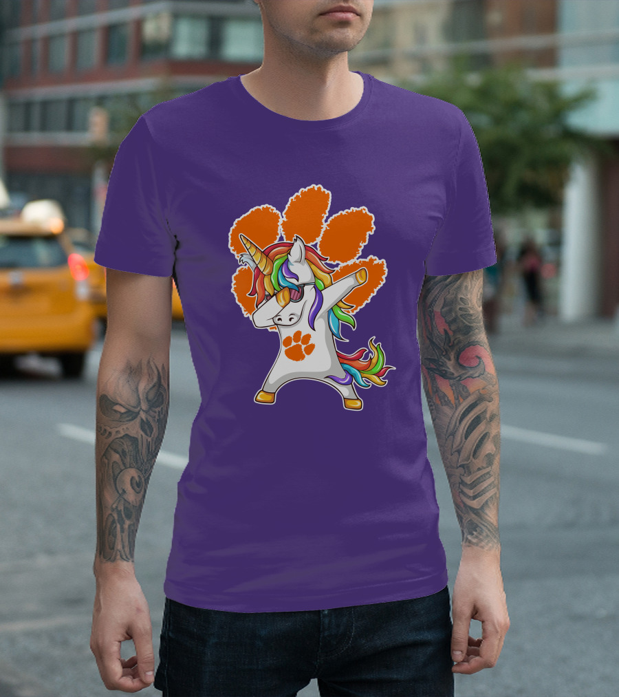 Clemson Tigers Dabbing Unicorn Paw Print Rainbow Mane T-Shirt