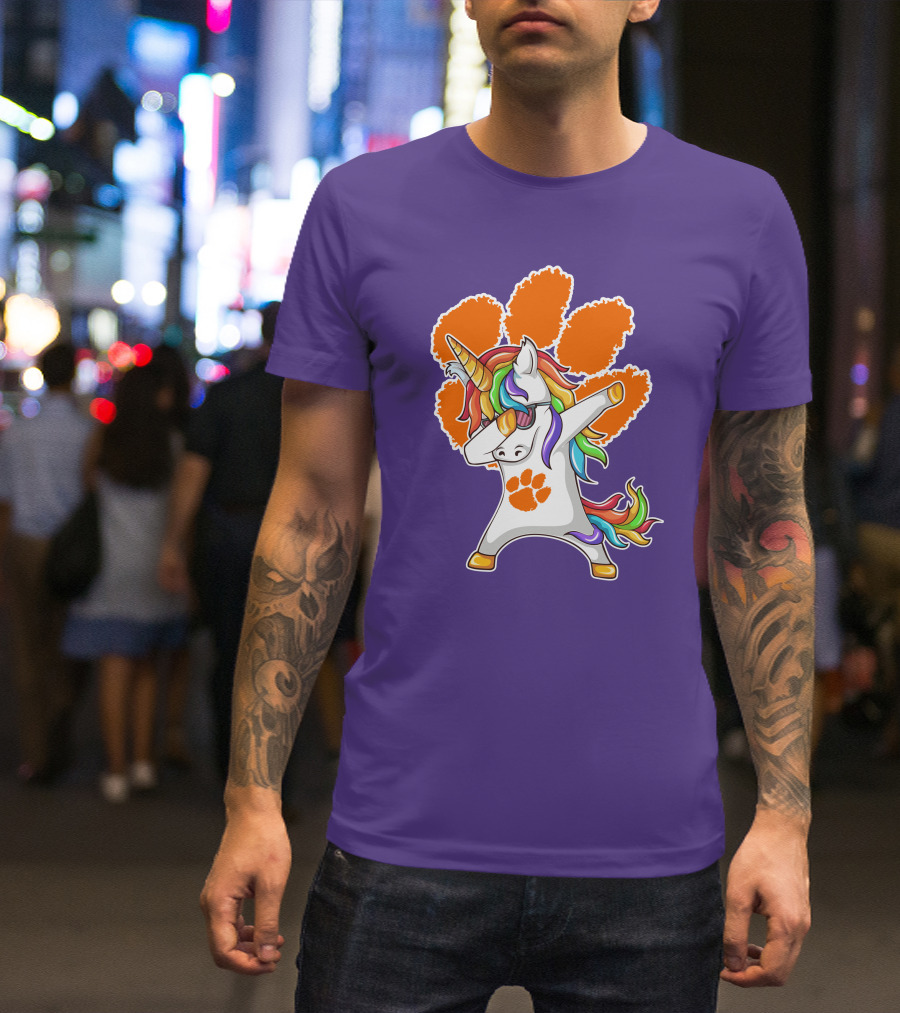 Clemson Tigers Dabbing Unicorn Paw Print Rainbow Mane T-Shirt