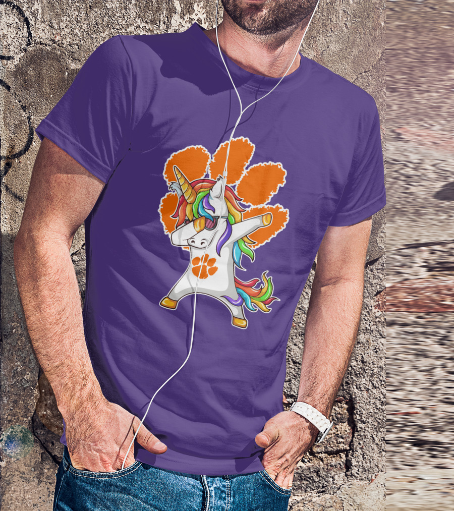 Clemson Tigers Dabbing Unicorn Paw Print Rainbow Mane T-Shirt