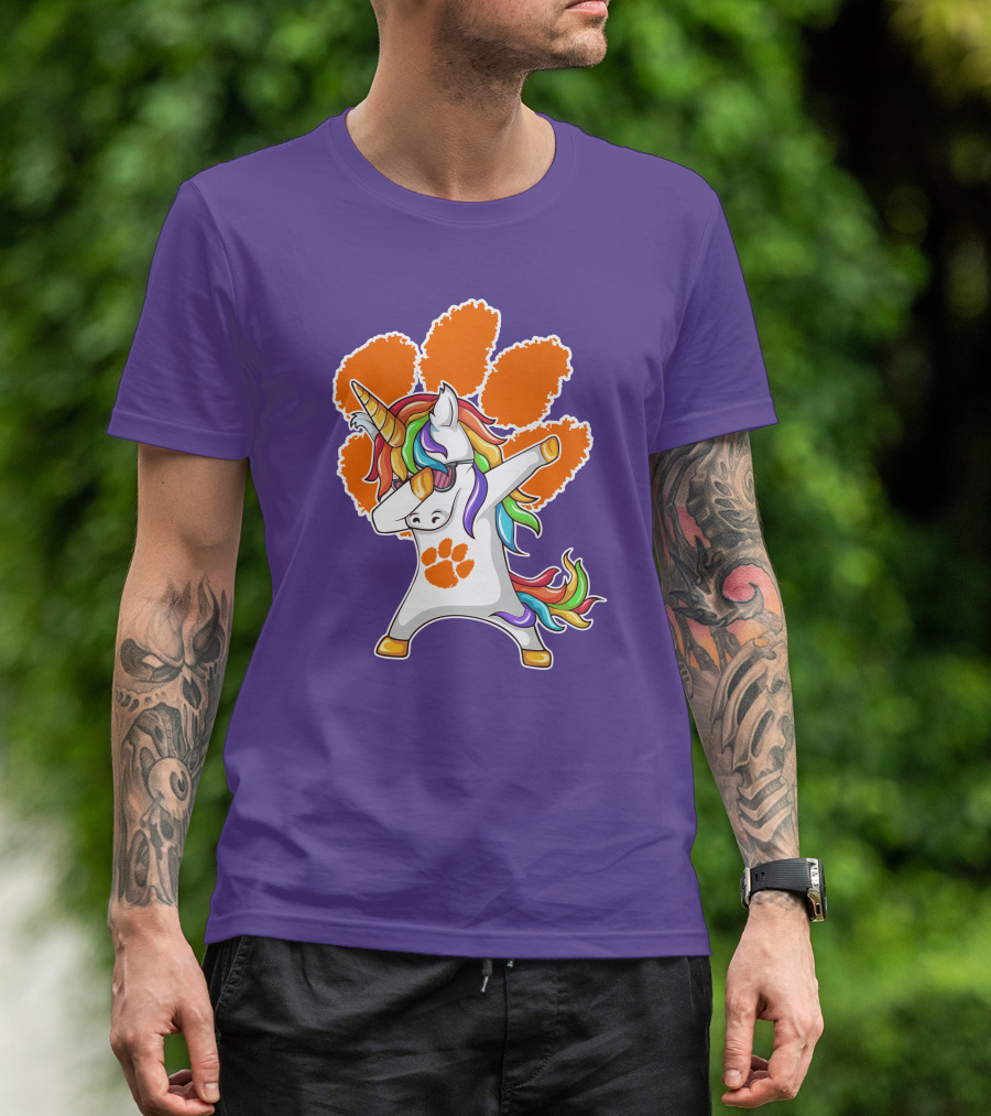 Clemson Tigers Dabbing Unicorn Paw Print Rainbow Mane T-Shirt