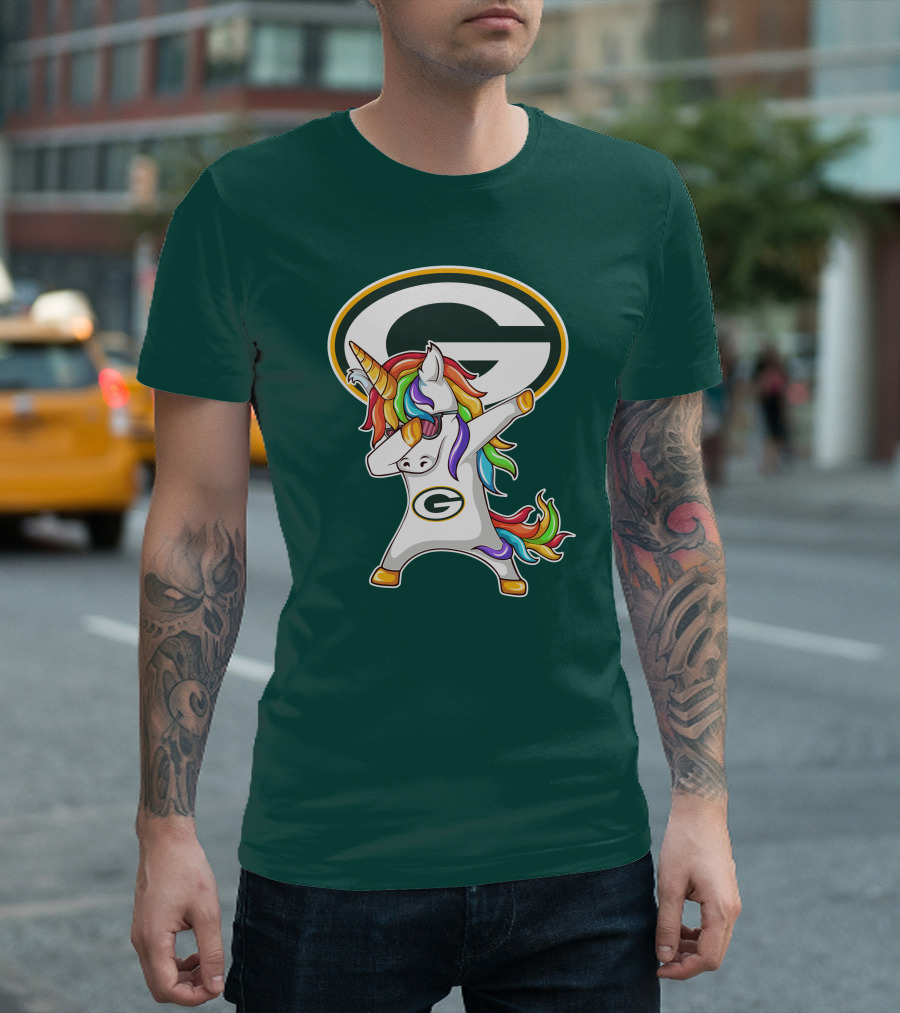 Green Bay Packers Dabbing Unicorn with Team Logo and Rainbow Mane T-Shirt