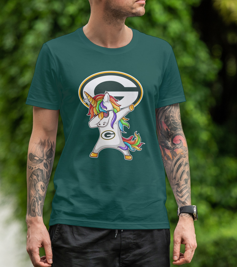 Green Bay Packers Dabbing Unicorn With Team Logo And Rainbow Mane T-Shirt