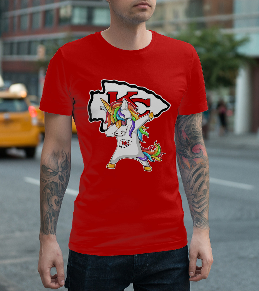 Kansas City Chiefs Unicorn Dabbing KC Logo Rainbow Mane T-Shirt