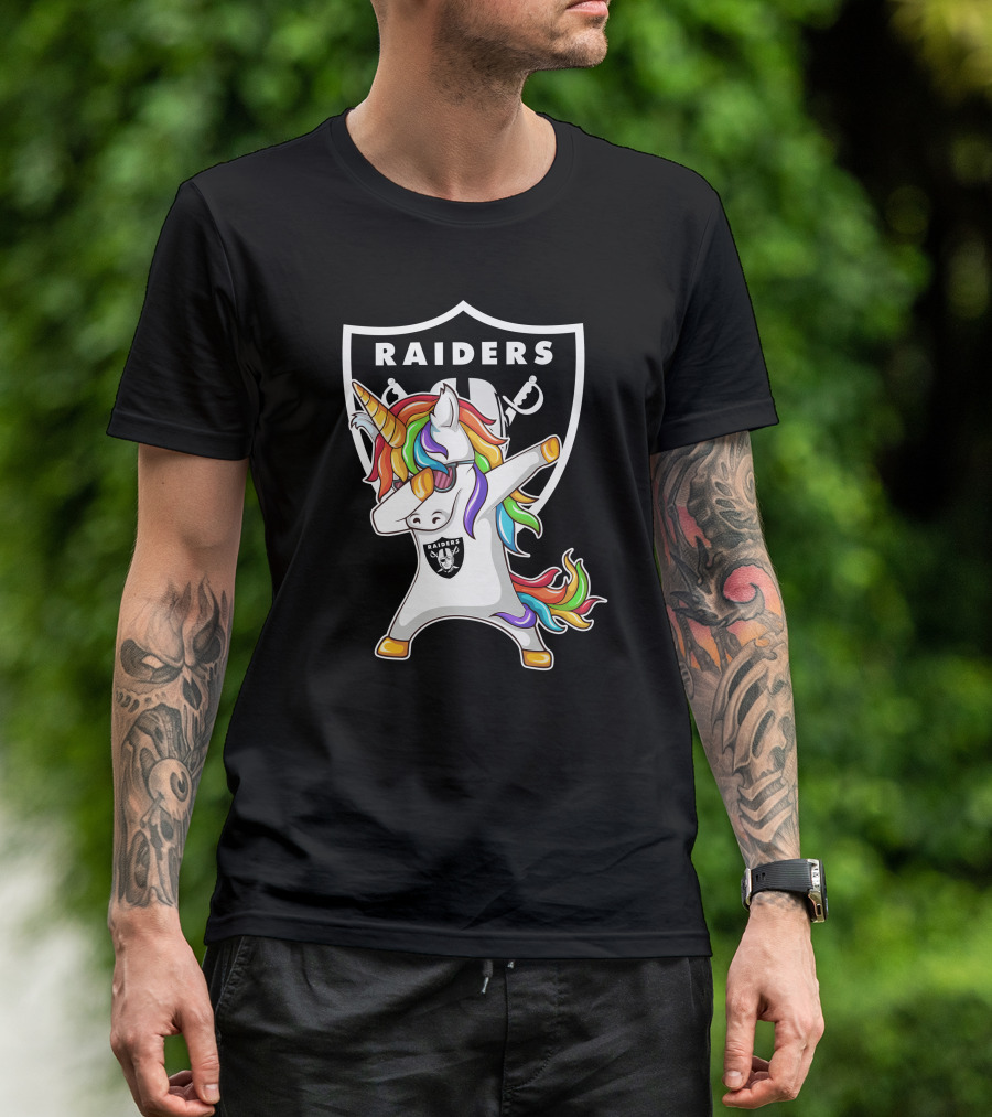 Las Vegas Raiders Unicorn Dabbing With Rainbow Mane In Shield T-Shirt