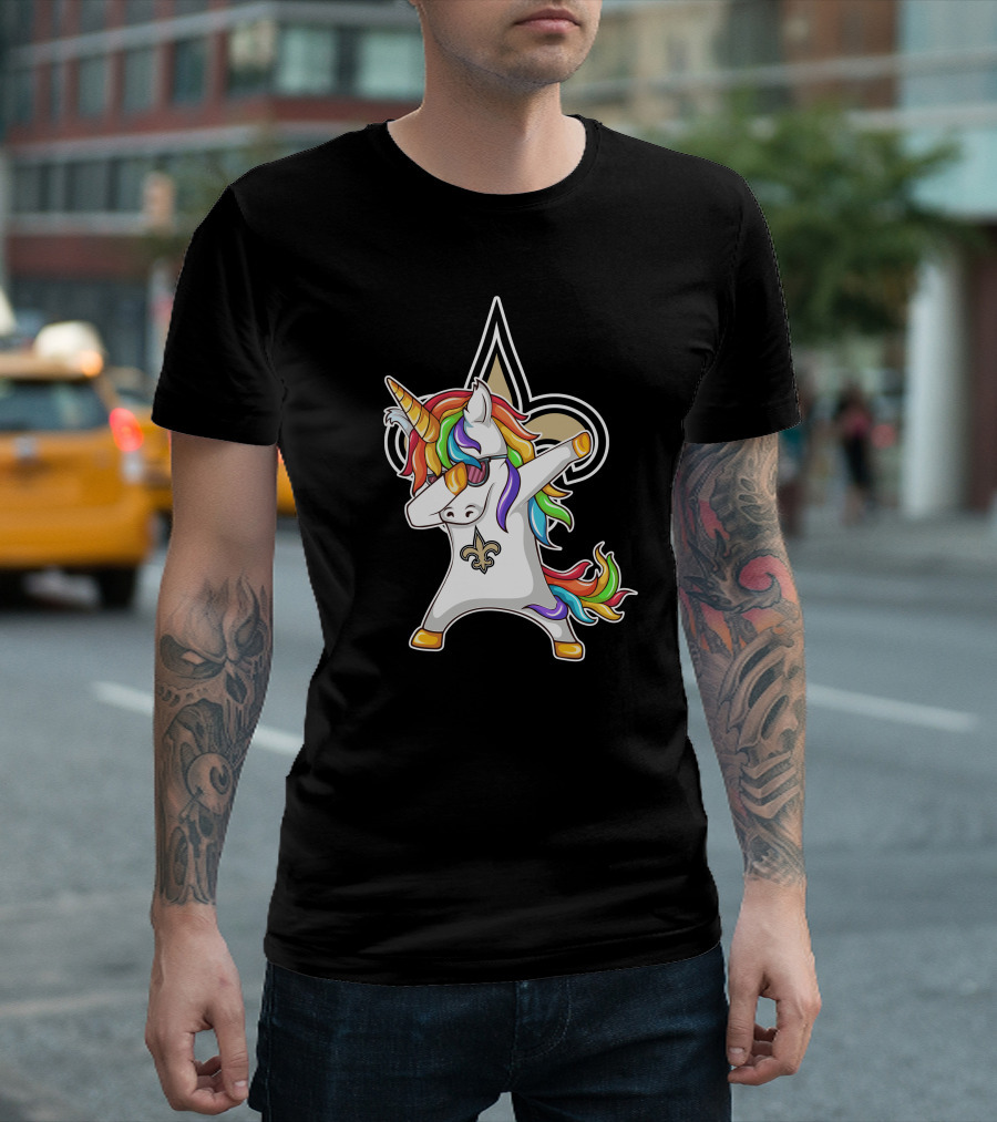 New Orleans Saints Unicorn Dabbing Fleur-de-Lis Rainbow Mane T-Shirt