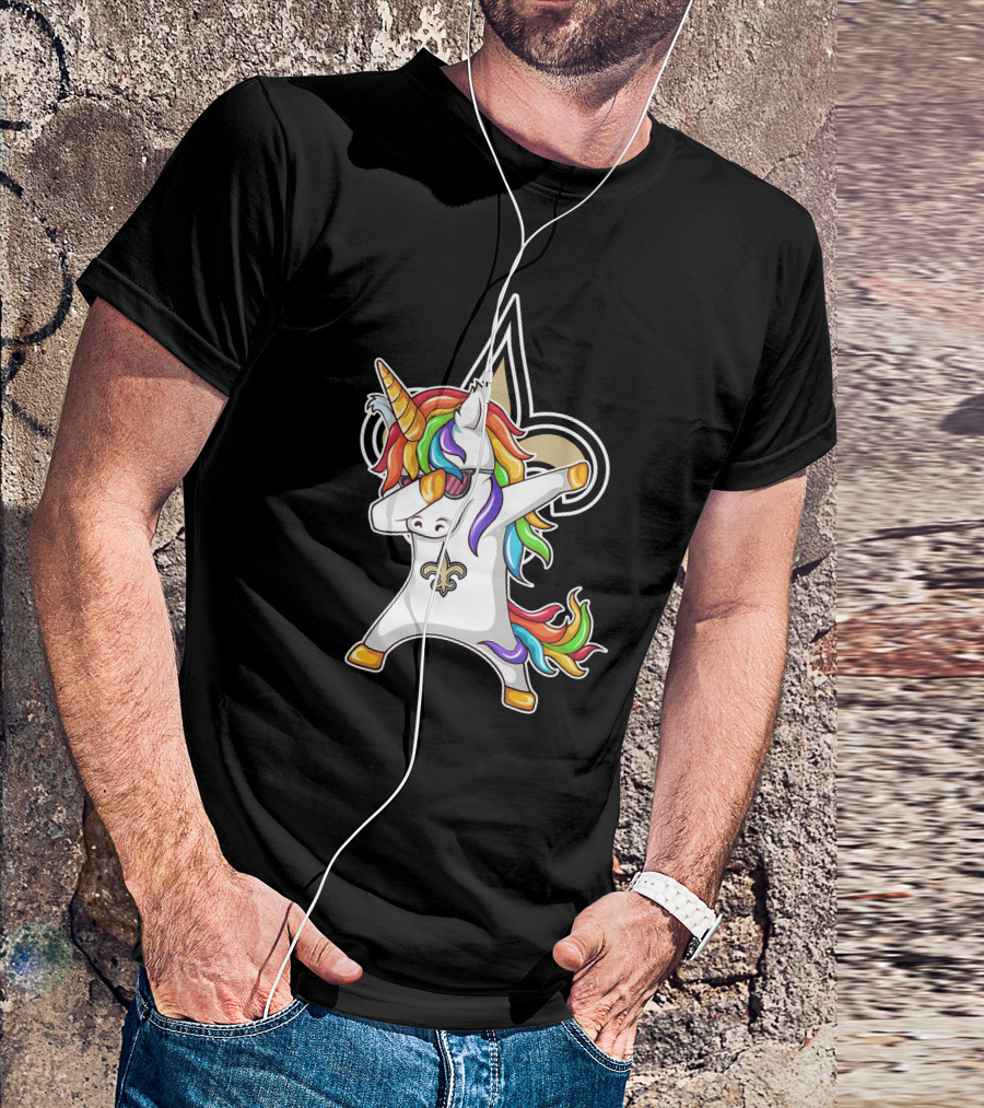 New Orleans Saints Unicorn Dabbing Fleur-de-Lis Rainbow Mane T-Shirt