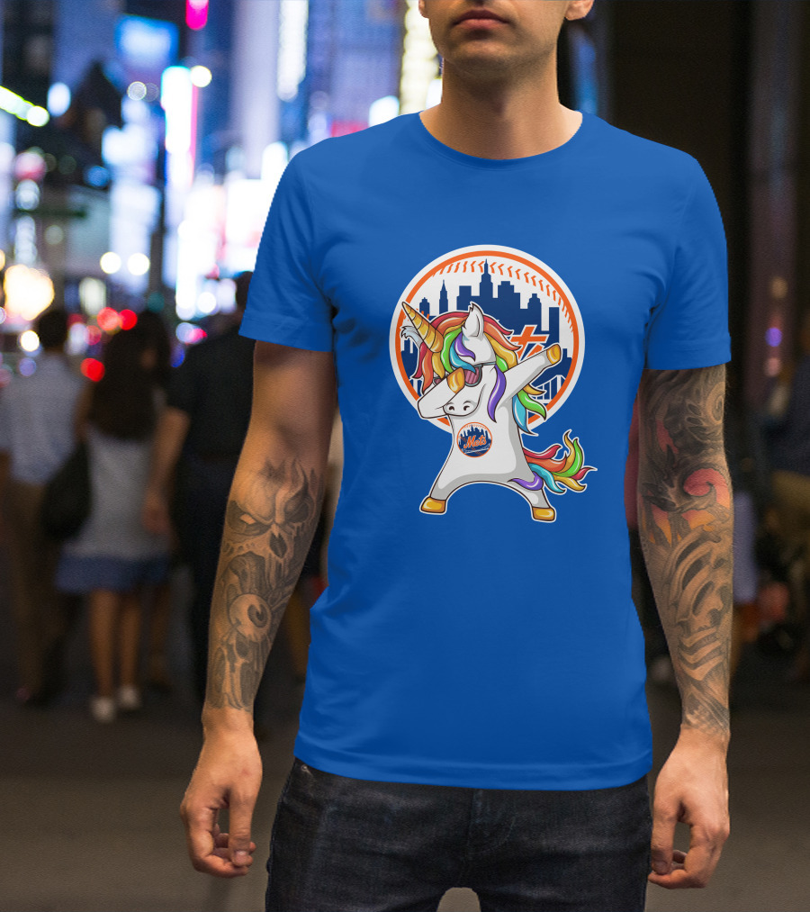 New York Mets Unicorn Dabbing Rainbow Skyline Baseball T-Shirt