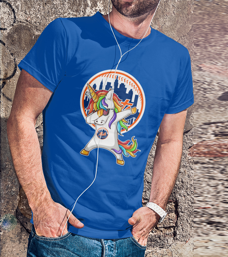 New York Mets Unicorn Dabbing Rainbow Skyline Baseball T-Shirt