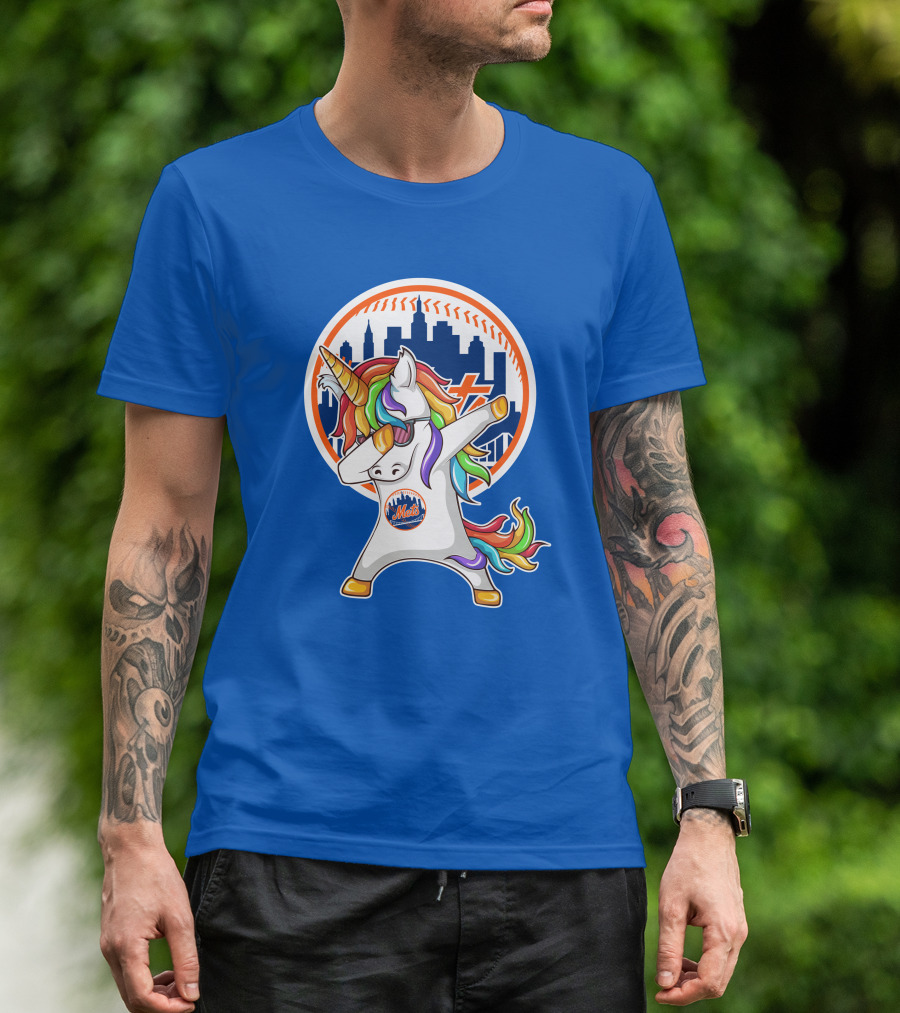 New York Mets Unicorn Dabbing Rainbow Skyline Baseball T-Shirt