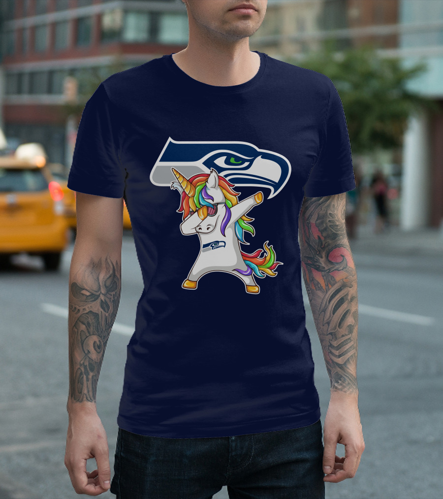 Seattle Seahawks Unicorn Dabbing Rainbow Hair T-Shirt