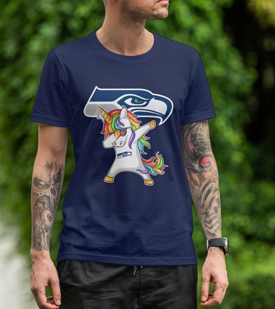 Seattle Seahawks Unicorn Dabbing Rainbow Hair T-Shirt