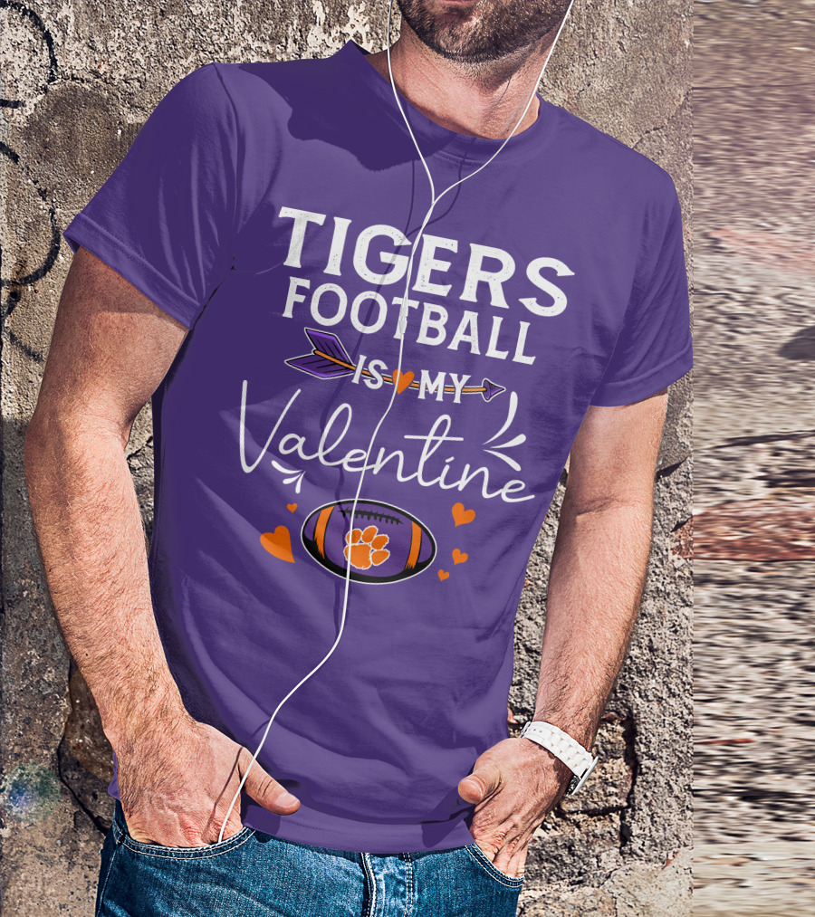 Tigers Football Is My Valentine With Paw Print And Hearts T-Shirt