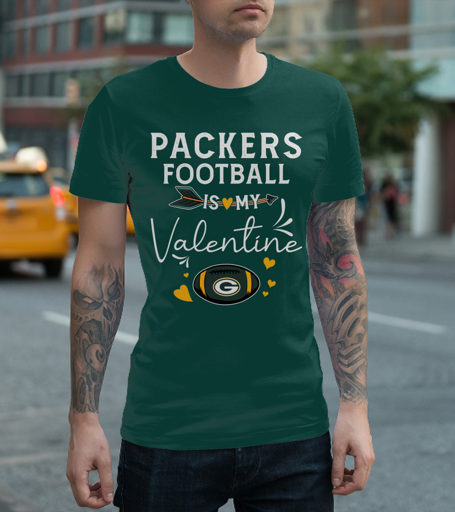 Packers Football is My Valentine with Green Bay Logo and Hearts T-Shirt