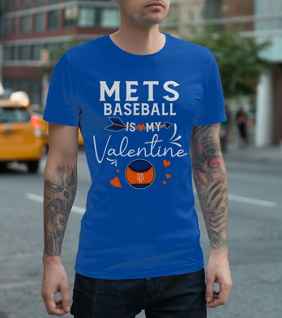 Mets Baseball Is My Valentine Orange Blue Hearts and Baseball T-Shirt
