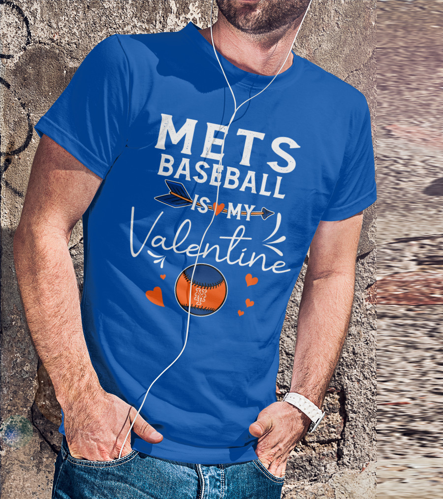 Mets Baseball Is My Valentine Orange Blue Hearts And Baseball T-Shirt