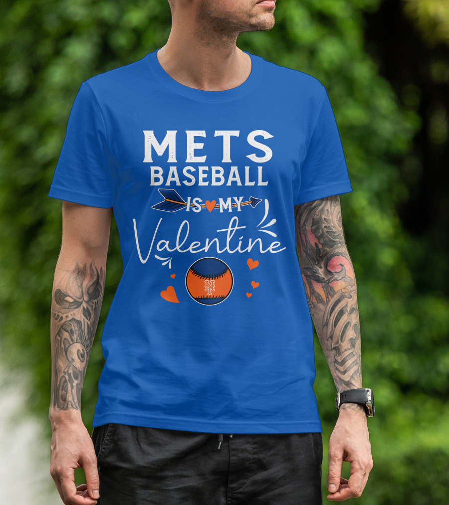 Mets Baseball Is My Valentine Orange Blue Hearts And Baseball T-Shirt