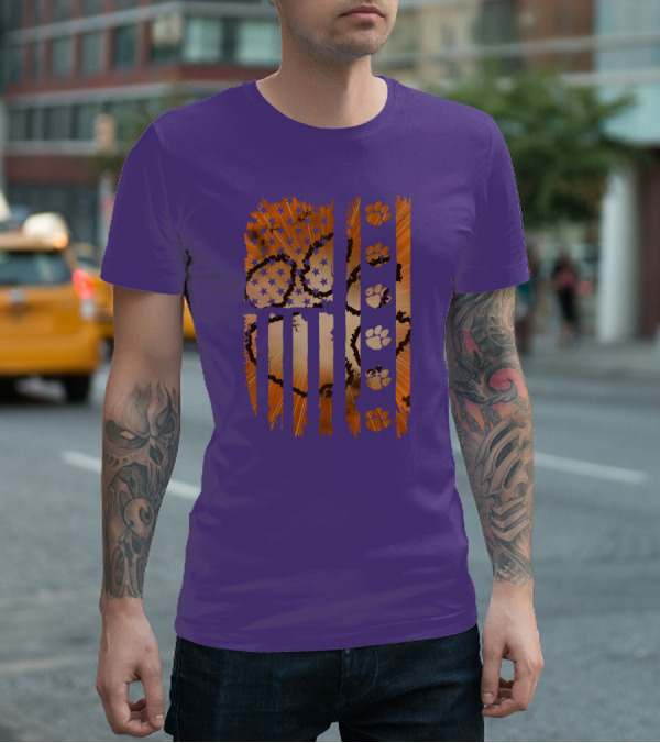 Clemson Tigers Paw Print American Flag T-Shirt