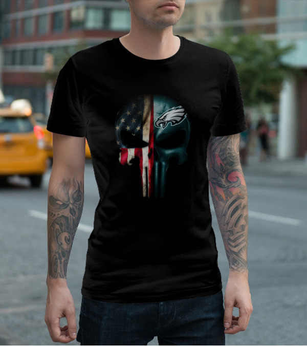 American Flag Punisher Skull With Philadelphia Eagles T-Shirt
