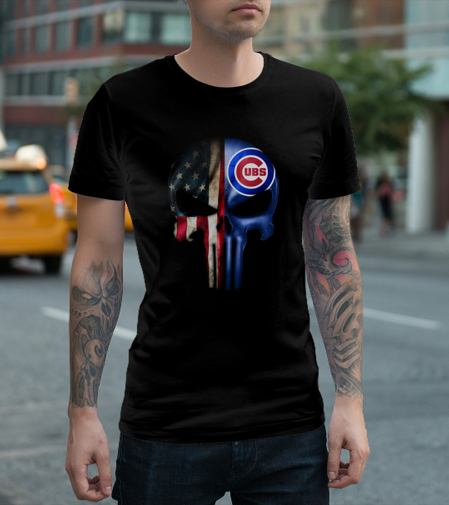 Chicago Cubs Punisher Skull American Flag T-Shirt