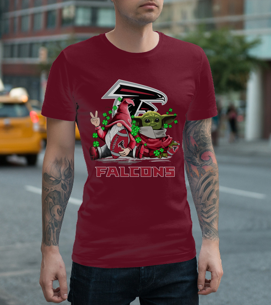 Leprechauns Gnomes Baby Yoda Hug Atlanta Falcons Shamrock Football T-Shirt
