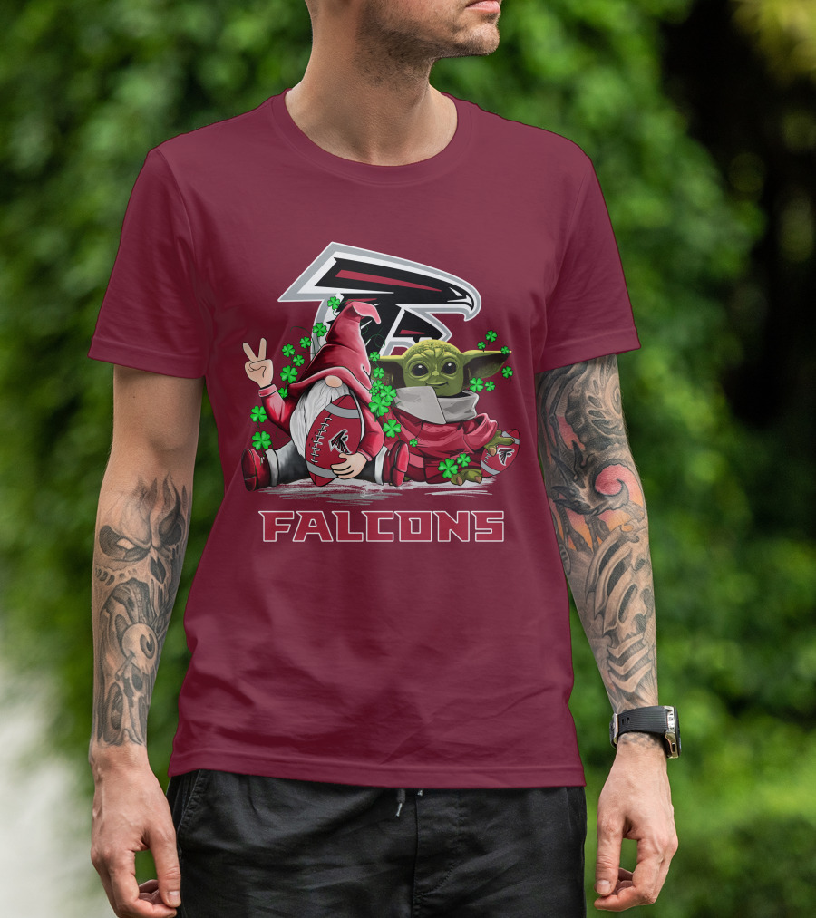 Leprechauns Gnomes Baby Yoda Hug Atlanta Falcons Shamrock Football T-Shirt