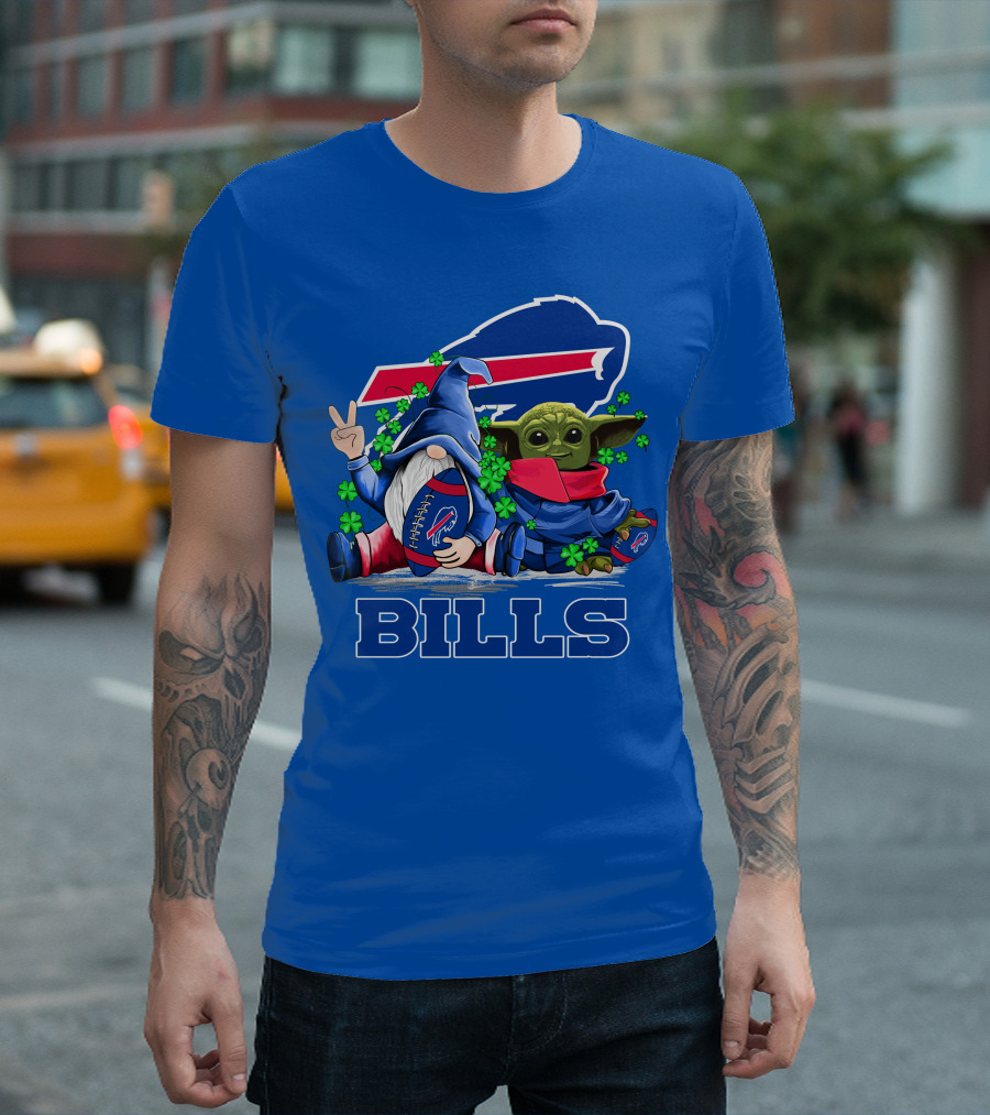 Leprechauns Gnomes Baby Yoda Hug Buffalo Bills Football Team Logo Shamrocks T-Shirt