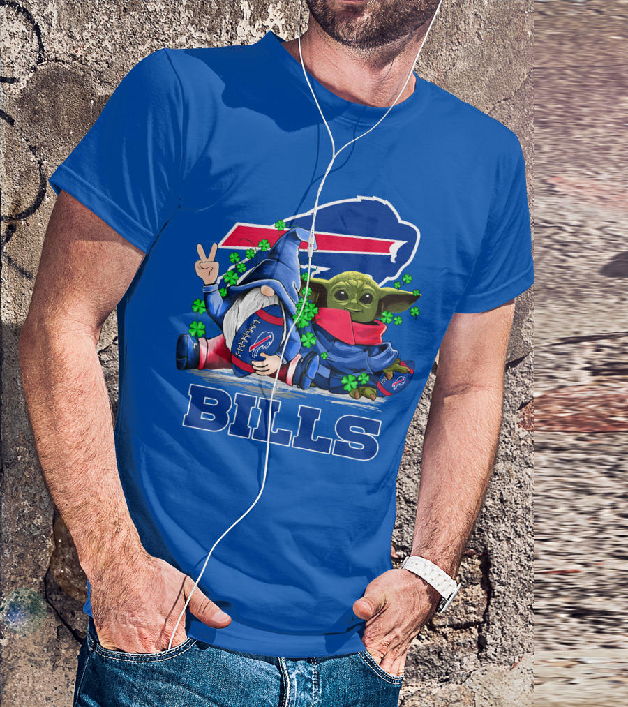 Leprechauns Gnomes Baby Yoda Hug Buffalo Bills Football Team Logo Shamrocks T-Shirt