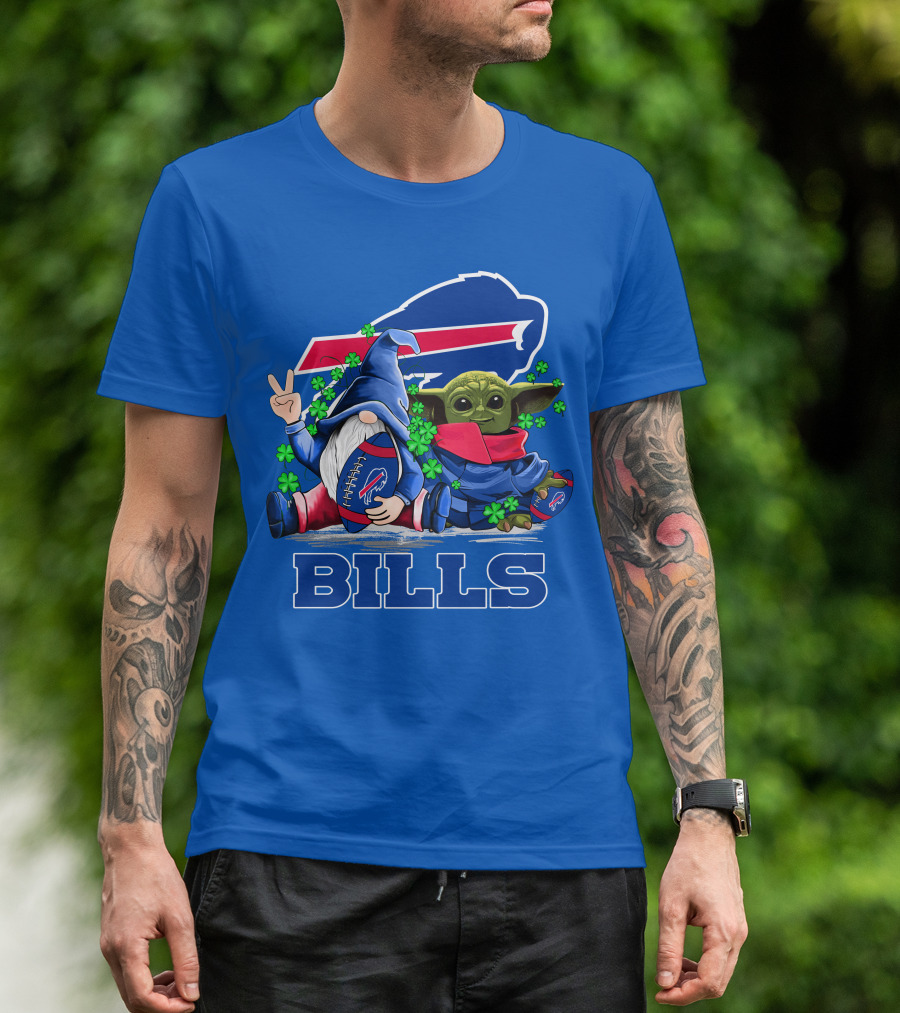 Leprechauns Gnomes Baby Yoda Hug Buffalo Bills Football Team Logo Shamrocks T-Shirt