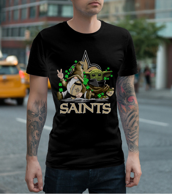 Leprechauns Gnomes Baby Yoda New Orleans Saints Football Shamrocks T-Shirt
