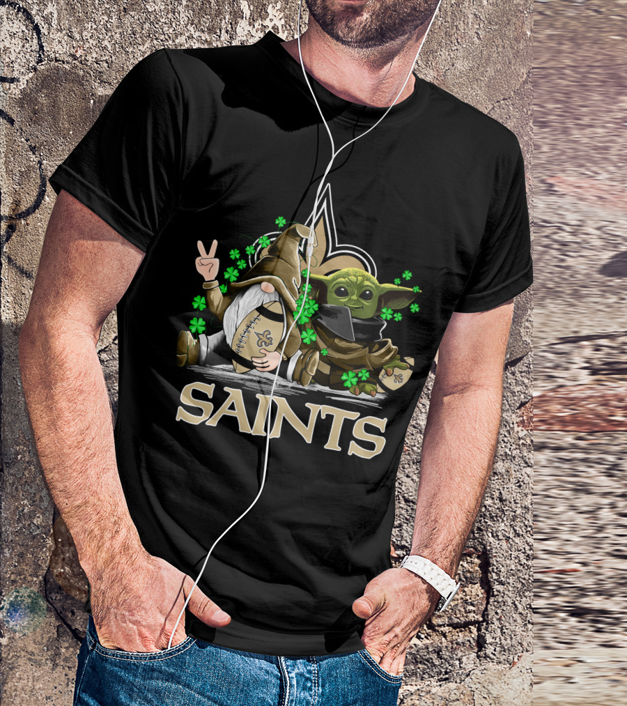 Leprechauns Gnomes Baby Yoda New Orleans Saints Football Shamrocks T-Shirt