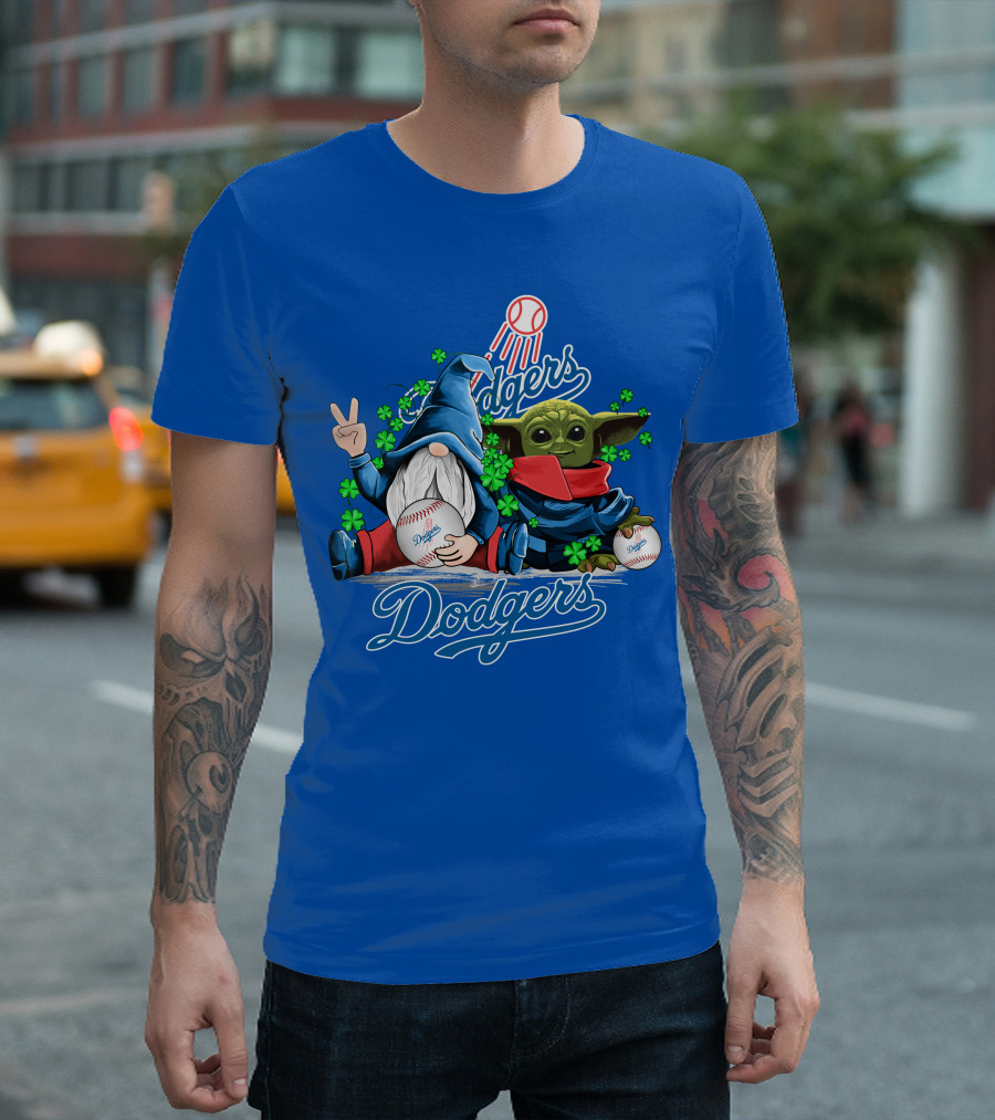 Dodgers Gnomes and Baby Yoda with Baseball and Shamrocks T-Shirt
