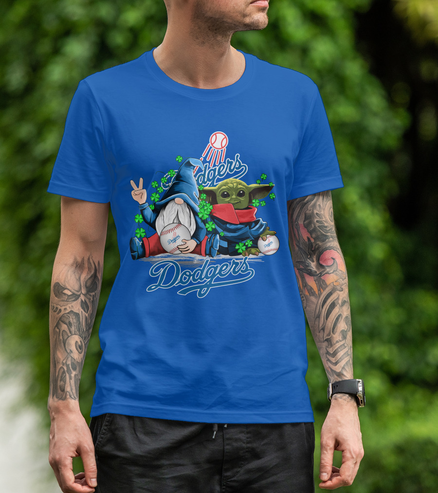 Dodgers Gnomes And Baby Yoda With Baseball And Shamrocks T-Shirt