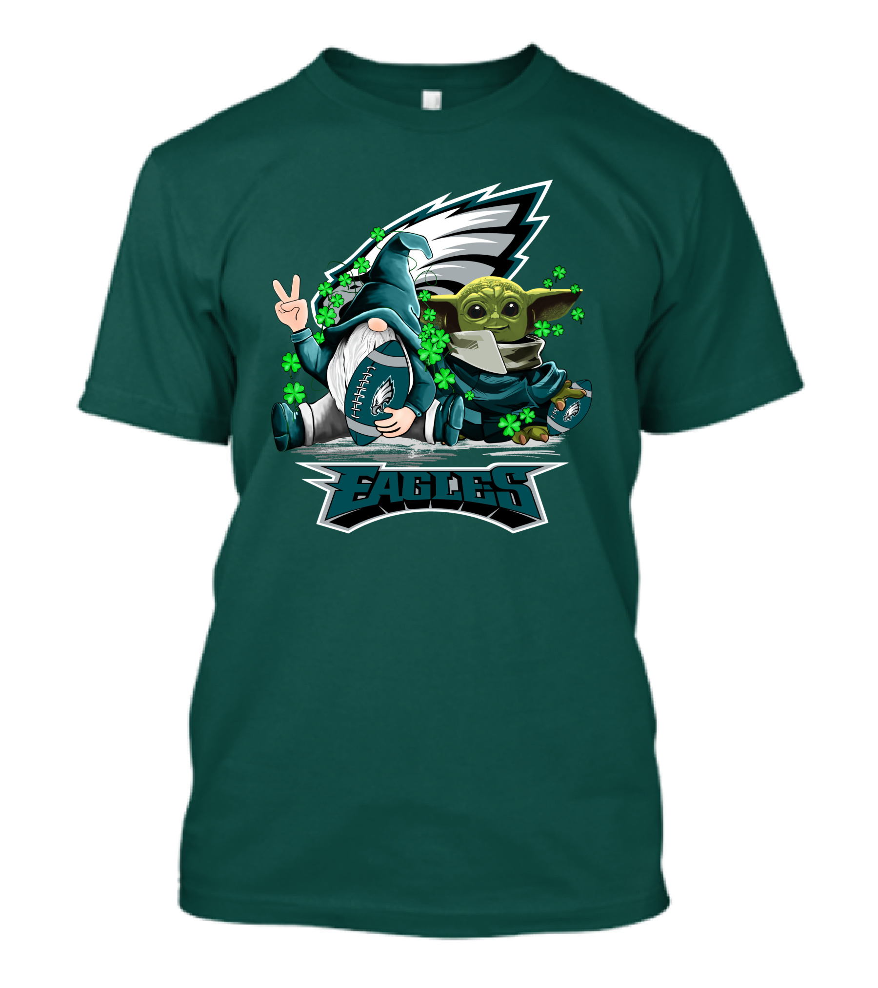 Philadelphia Eagles Leprechauns Gnomes Baby Yoda Hug Football T-Shirt