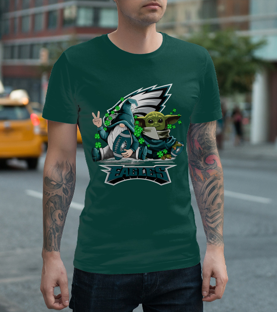Philadelphia Eagles Leprechauns Gnomes Baby Yoda Hug Football T-Shirt