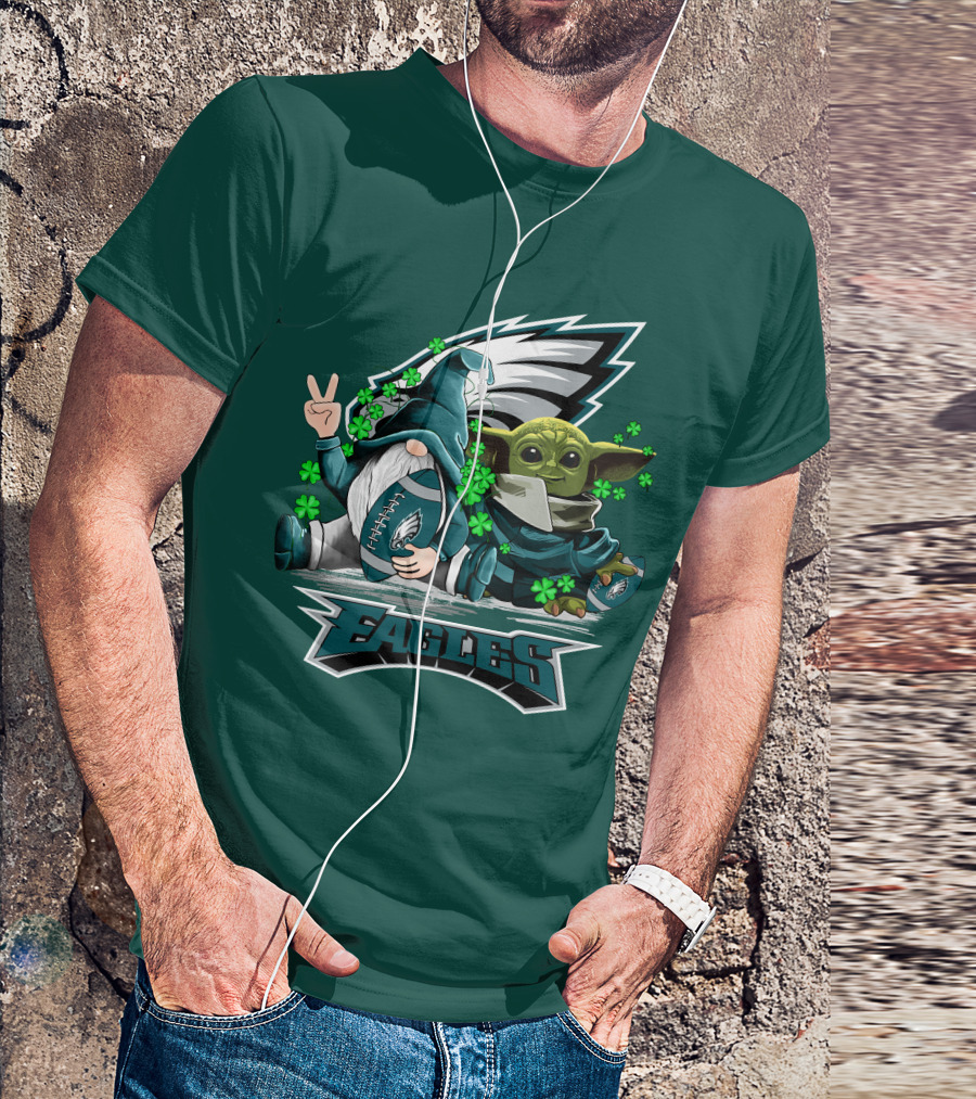 Philadelphia Eagles Leprechauns Gnomes Baby Yoda Hug Football T-Shirt