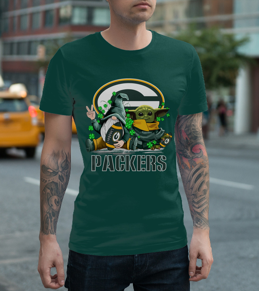 Leprechauns Gnomes Baby Yoda Packers Logo Shamrocks Hug Green Bay T-Shirt