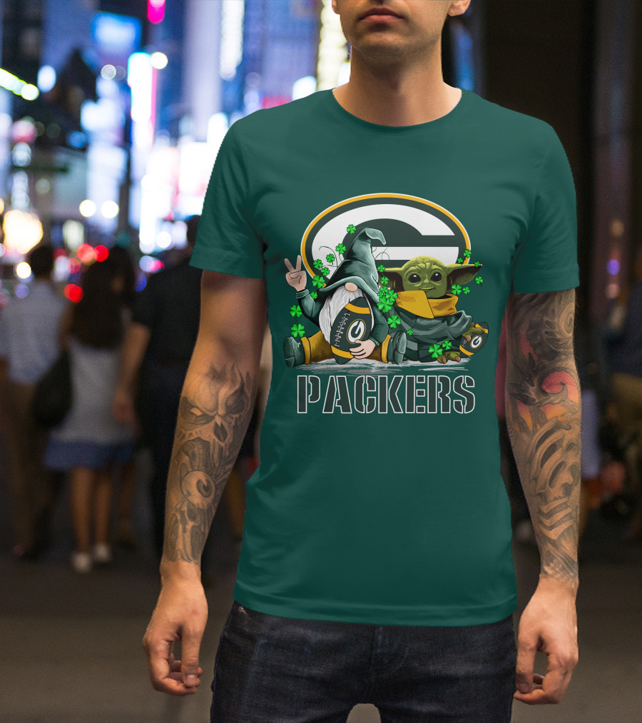 Leprechauns Gnomes Baby Yoda Packers Logo Shamrocks Hug Green Bay T-Shirt