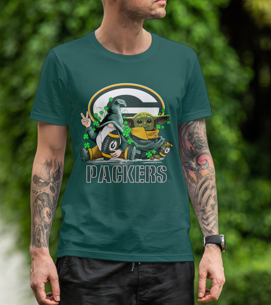 Leprechauns Gnomes Baby Yoda Packers Logo Shamrocks Hug Green Bay T-Shirt