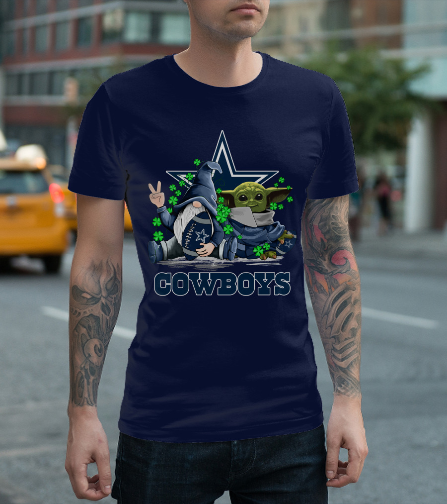 Leprechauns Gnomes Baby Yoda Hug Cowboys Star Clover Football T-Shirt