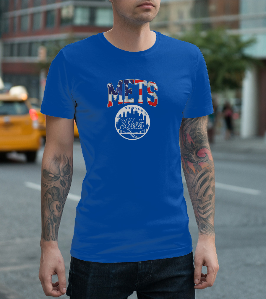 Mets American Flag Skyline Baseball T-Shirt