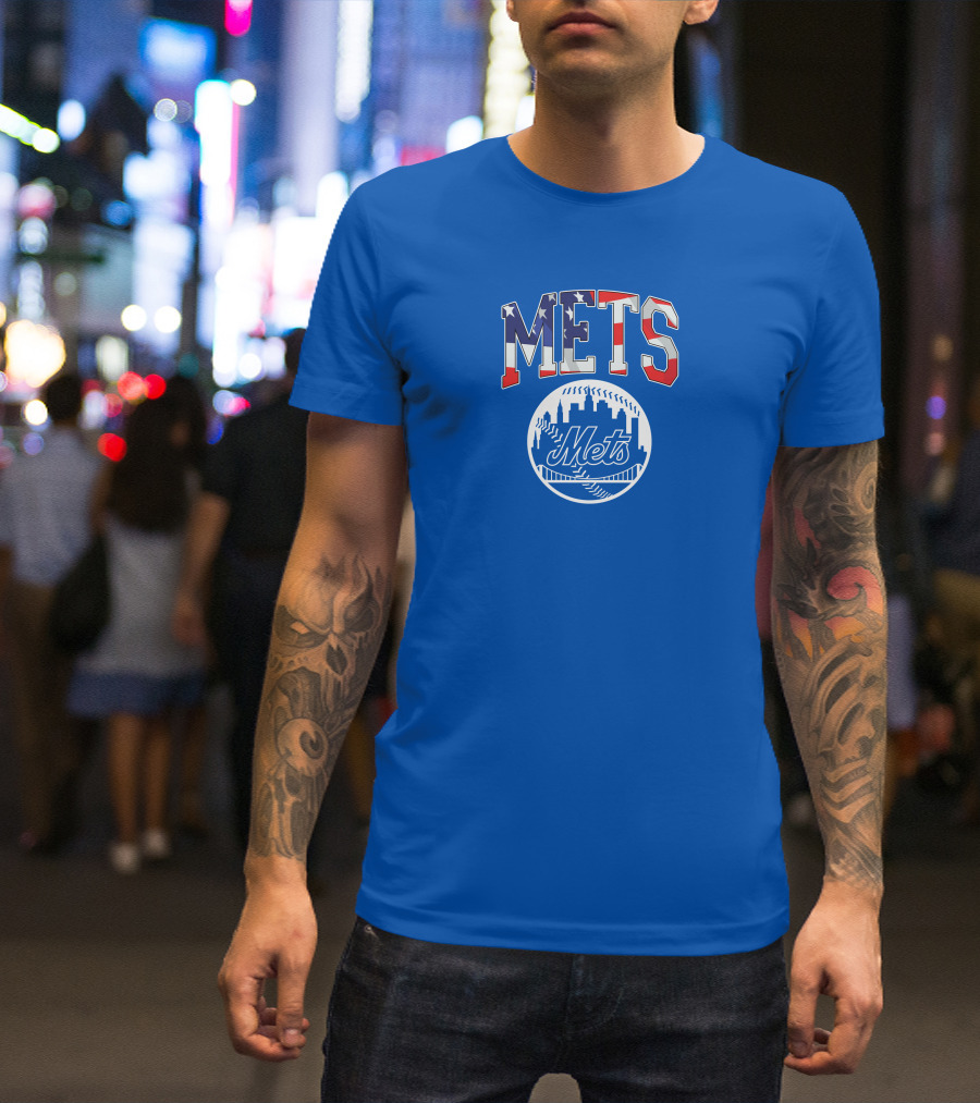 Mets American Flag Skyline Baseball T-Shirt