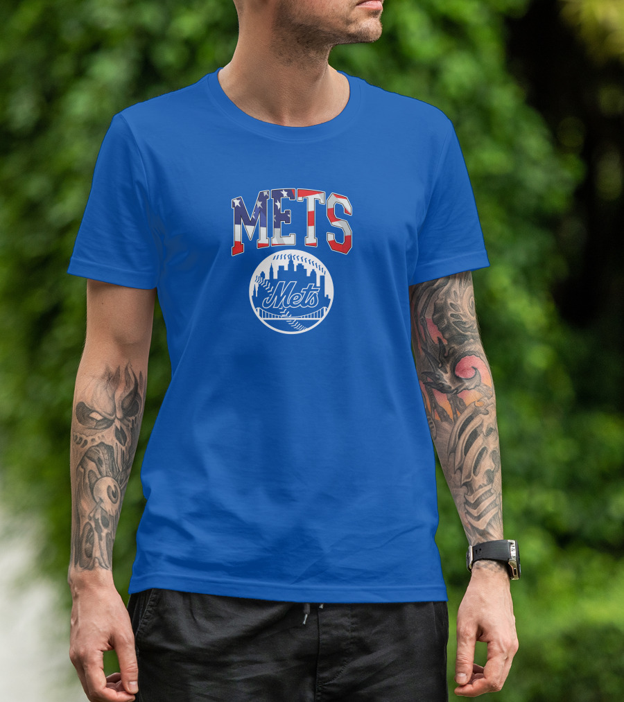 Mets American Flag Skyline Baseball T-Shirt